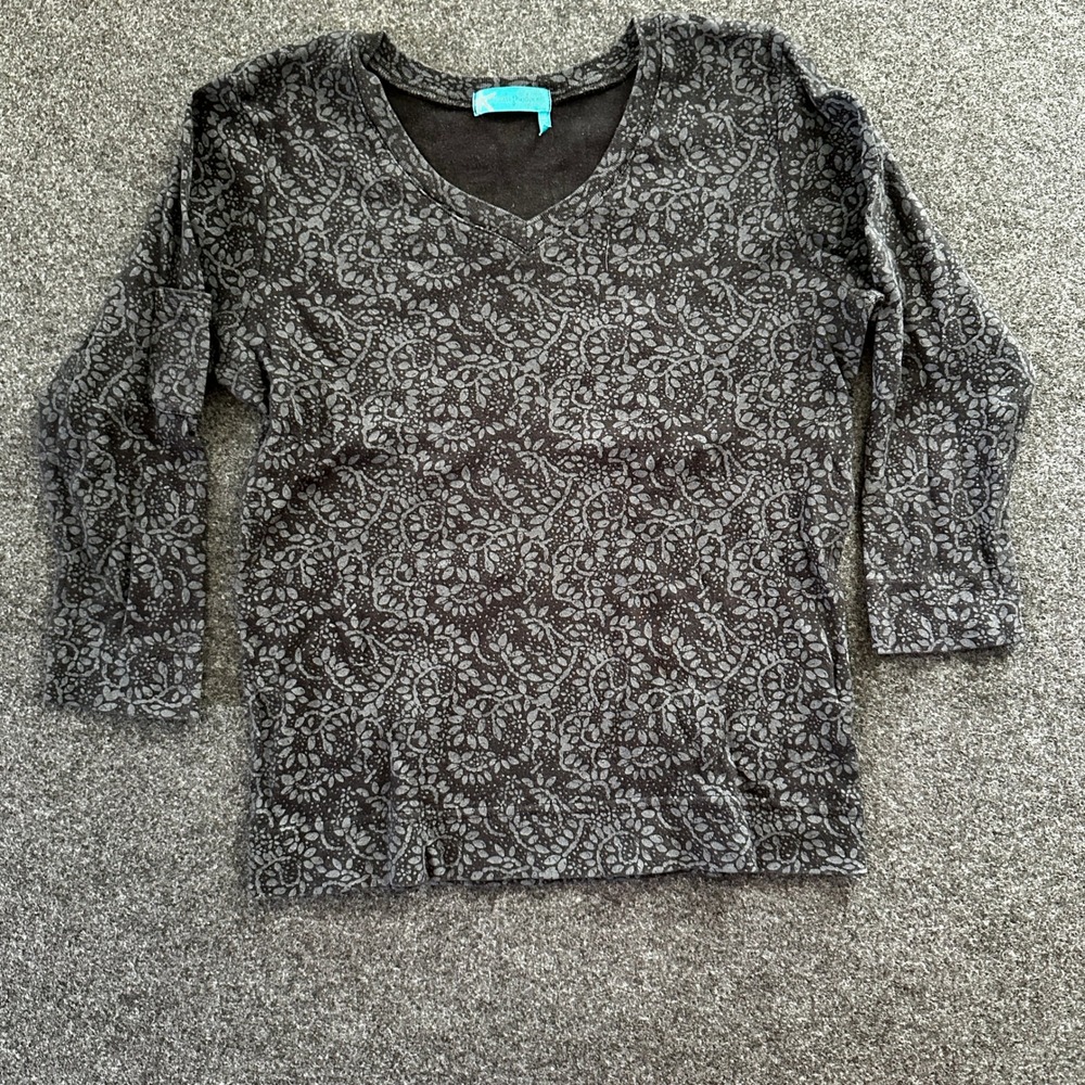 Fresh Produce Womens Grey Black Floral Leaf Print V-Neck 3/4 Sleeve Top Small